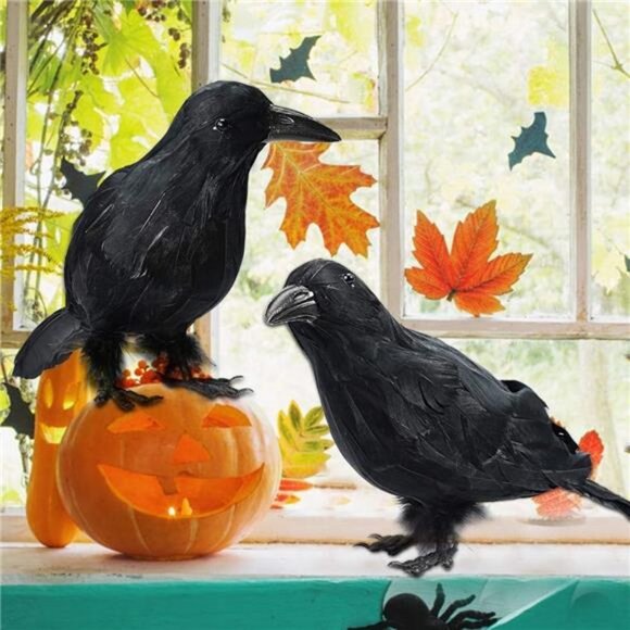 Halloween Decor 2 PCS Realistic Crow Halloween Decor Birds Black Feathered Crows - Picture 4 of 8